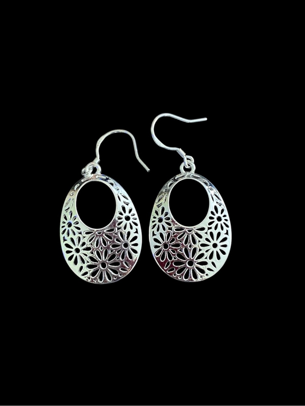 Sterling Silver Floral Cutout Oval Drop Earrings - Women Jewelry